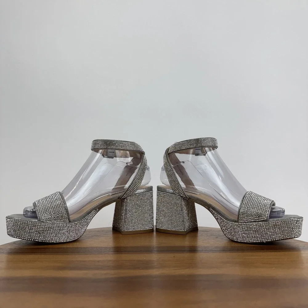 Womens Steve Madden Mercerr Silver Rhinestone Platform Sandal Heels Size 7 M GUC